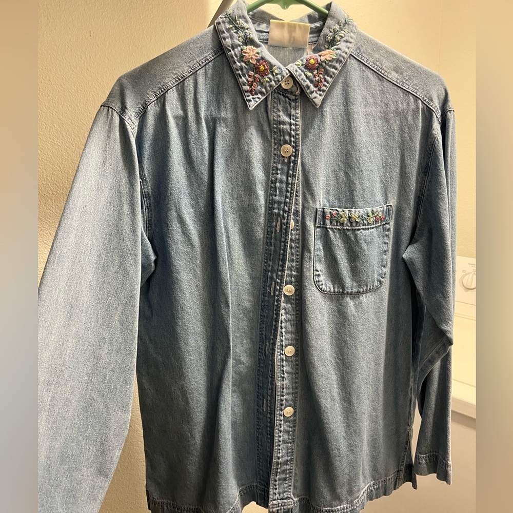 Vintage denim button up shirt with embroidered flower detail in pastel colors